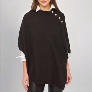 J.Crew Black Wool Blend Mockneck Button-detail Poncho Sweater